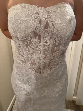 Strapless White Lace Bridal Gown with Sheer Bodice
